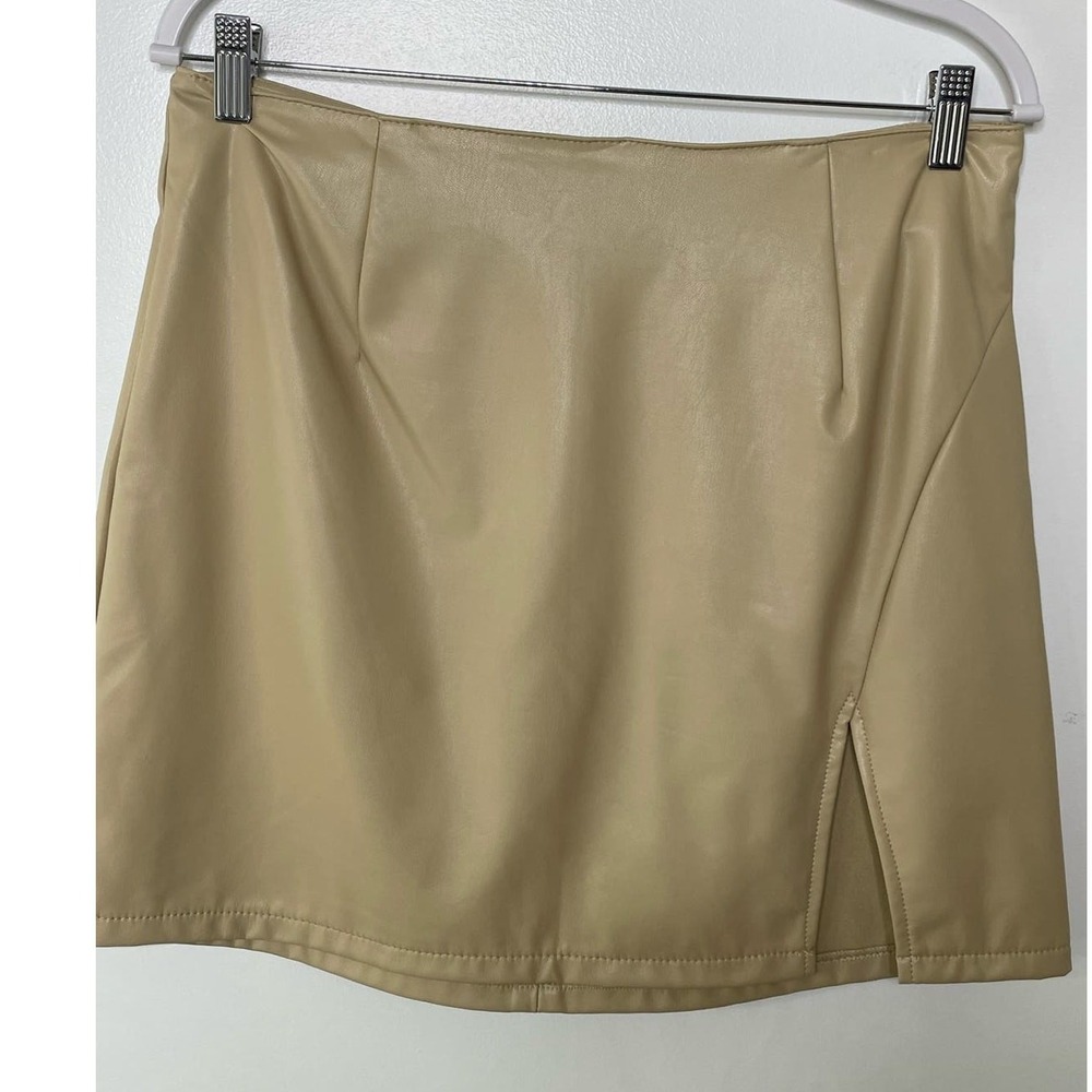 Rewash Tan Faux Leather High Waisted Micro Mini Skirt Side Slit Bratz Rave  L - Picture 4 of 10